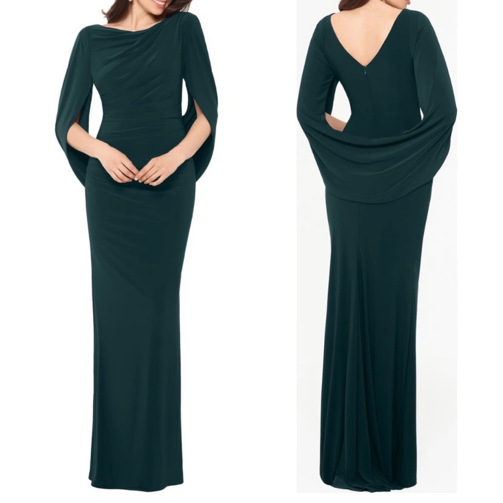 Betsy
& Adam
Drape
Sleeves
Trumpet
Evening
Gown size 14 forest green